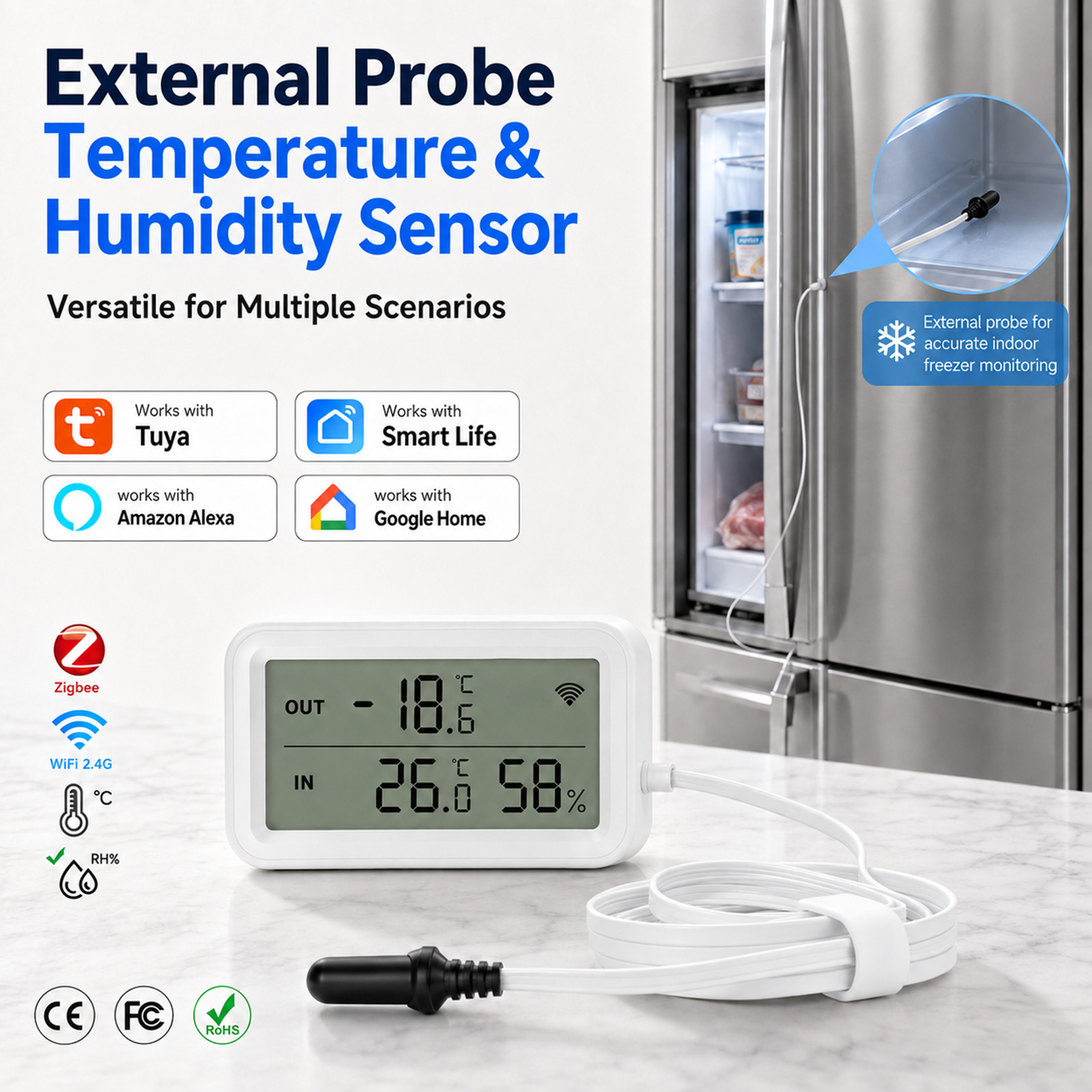 Digital Hygrometer Probe - Externer Wasserdichter Temperatur- und Feuchtigkeitssensor Tuya